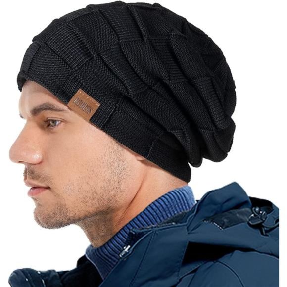 2 Pcs Unisex Winter Beanie Hat Knit Slouchy Thick Skull Cap, Black & Gray main image 4
